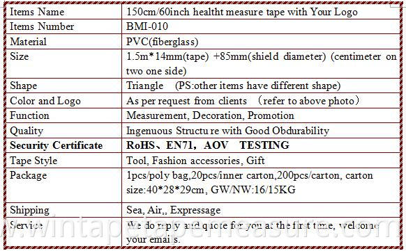 150cm health care calculator medical ruler BMI tape measure with Company Logo or Name